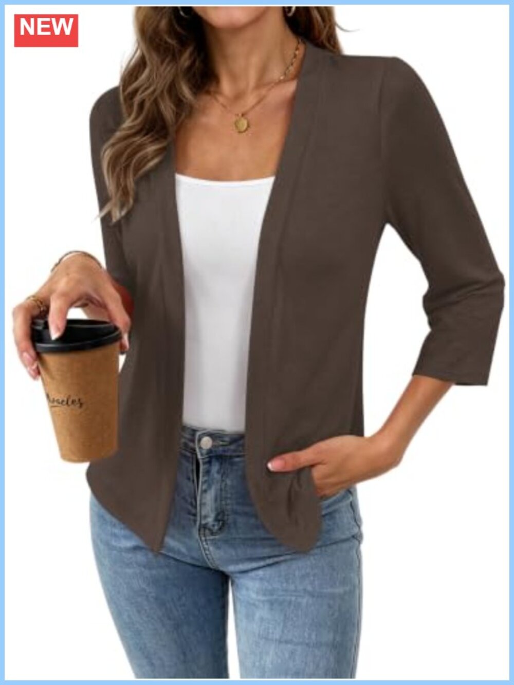 Womens Lightweight Open Front 3/4 Sleeve Cardigan Shrug Summer Fall Layering